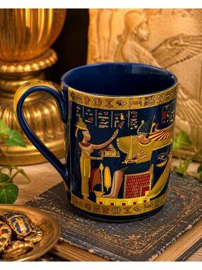 Vintage Ancient Egyptian Hieroglyph Mug Pharaoh Coffee Cup Blue Gold King Tut